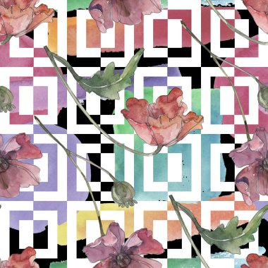 Kırmızı ve mor haşhaş çiçek botanik çiçekler. Suluboya arka plan illüstrasyon seti. Kesintisiz arka plan deseni.