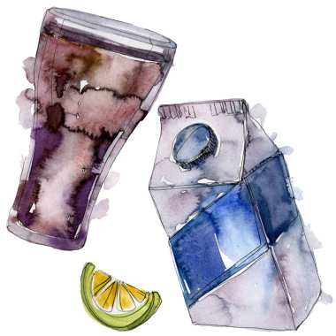 Taze ve soğuk alkolsüz içecekler. Suluboya arka plan illüstrasyon seti. İzole içecek illüstrasyon elemanı.