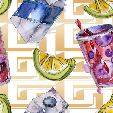 Taze ve soğuk alkolsüz içecekler. Suluboya arka plan illüstrasyon seti. Kesintisiz arka plan deseni.