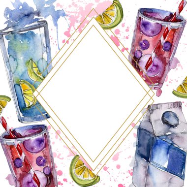 Taze ve soğuk alkolsüz içecekler. Suluboya arka plan illüstrasyon seti. Çerçeve kenarlık süs karesi.