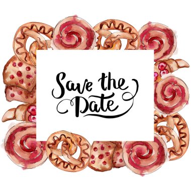 Suluboya tarzı gıda lezzetli çörekler. Suluboya arka plan illüstrasyon seti. Çerçeve kenarlık süs karesi.