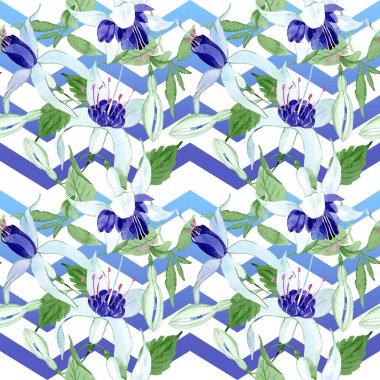 Mavi fuşya çiçek botanik çiçekleri. Suluboya arka plan illüstrasyon seti. Kesintisiz arka plan deseni.