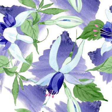 Mavi fuşya çiçek botanik çiçekleri. Suluboya arka plan illüstrasyon seti. Kesintisiz arka plan deseni.