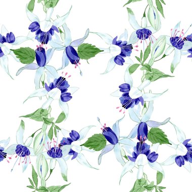 Mavi fuşya çiçek botanik çiçekleri. Suluboya arka plan illüstrasyon seti. Kesintisiz arka plan deseni.