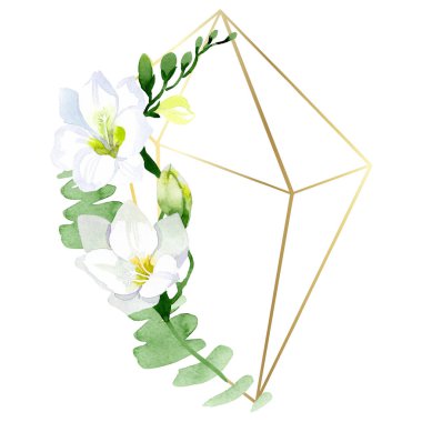 Beyaz frezya çiçekli botanik çiçekleri. Suluboya arkaplan çizimi. Çerçeve kenar süsü kare.