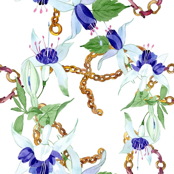 Flores botánicas florales fucsia azul. Conjunto de ilustración de fondo acuarela. Patrón de fondo sin costuras . — Foto de Stock