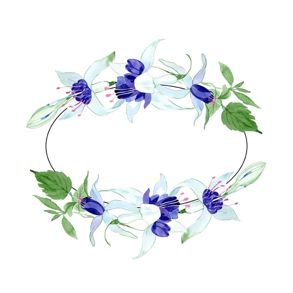 Niebieski fuksja kwiatowe kwiaty botaniczne. Akwarela zestaw ilustracji tła. Obramowanie ramy ornament kwadrat. — Zdjęcie stockowe