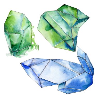 Renkli elmas taş takı mineraller. Suluboya arka plan ayarlamak. İzole kristal illüstrasyon öğesi.