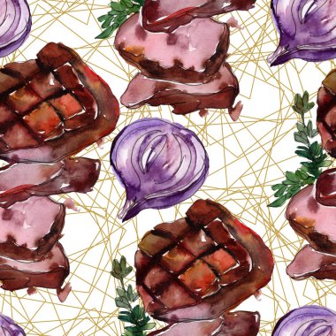 Izgara biftek lezzetli yemek. Suluboya arka plan illüstrasyon seti. Kesintisiz arka plan deseni.