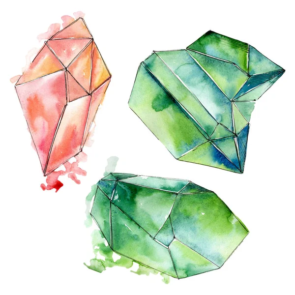 Coloridos diamantes minerales de joyería de roca. Conjunto de fondo acuarela. Elemento de ilustración de cristal aislado . — Foto de Stock