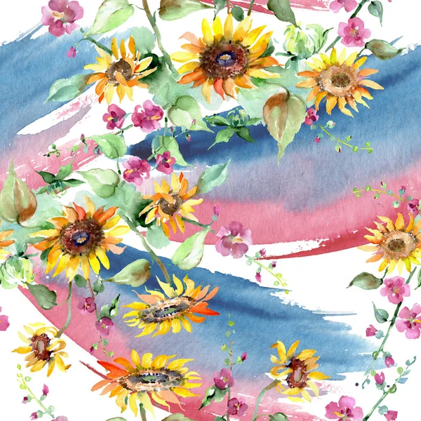 Kwiatowy kwiaty botaniczny bukiet słoneczników. Zestaw ilustracji tle akwarela. Bezszwowe tło wzór. — Zdjęcie stockowe