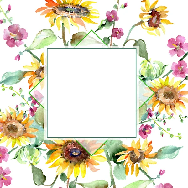 Ramo de girasol flores botánicas florales. Conjunto de ilustración de fondo acuarela. Marco borde ornamento cuadrado . — Foto de Stock