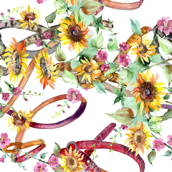 해바라기 꽃다발 꽃 식물 꽃입니다. 수채화 배경 그림 설정 합니다. 원활한 배경 패턴. — 스톡 사진