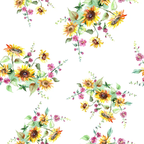 Mazzo di girasole fiori botanici floreali. Acquerello sfondo illustrazione set. Modello di sfondo senza soluzione di continuità . — Foto Stock