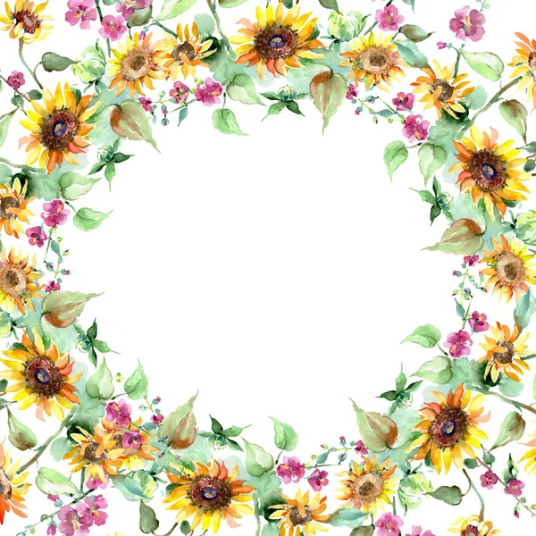 Mazzo di girasole fiori botanici floreali. Acquerello sfondo illustrazione set. Quadrato ornamento bordo cornice . — Foto Stock