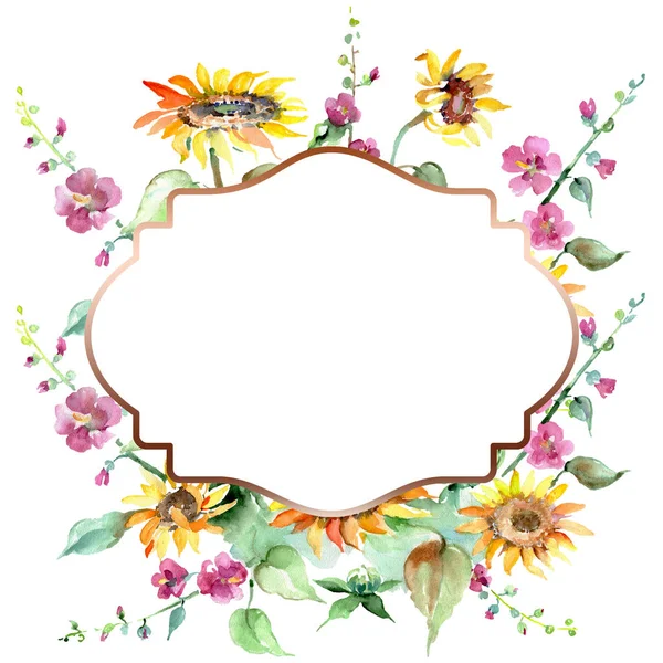 Mazzo di girasole fiori botanici floreali. Acquerello sfondo illustrazione set. Quadrato ornamento bordo cornice . — Foto Stock