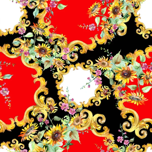 Ramo de girasol flores botánicas florales. Conjunto de ilustración de fondo acuarela. Patrón de fondo sin costuras . —  Fotos de Stock