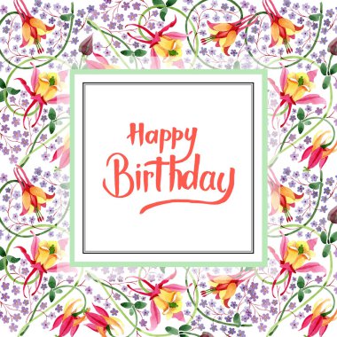 Kırmızı sarı fuşya botanik çiçek süsü. Suluboya arka plan illüstrasyon seti. Çerçeve kenarlık süs karesi.