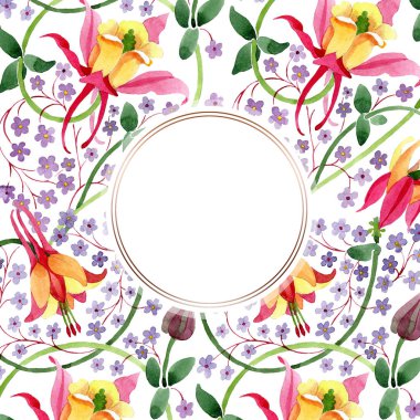 Kırmızı sarı fuşya botanik çiçek süsü. Suluboya arka plan illüstrasyon seti. Çerçeve kenarlık süs karesi.