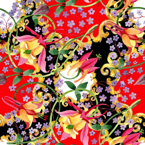 Red yellow fuchsia botanical flowers ornament. Watercolor background illustration set. Seamless background pattern. — Stock Photo, Image