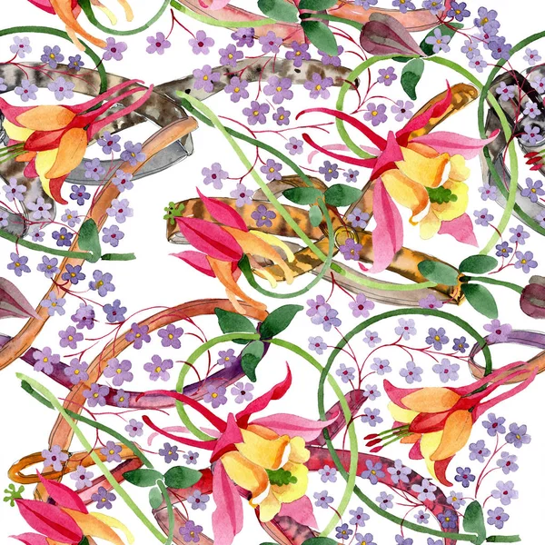 Vermelho amarelo fúcsia ornamento flores botânicas. Conjunto de ilustração de fundo aquarela. Padrão de fundo sem costura . — Fotografia de Stock