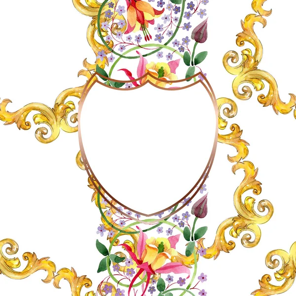 Fiori botanici fucsia giallo rosso ornamento. Acquerello sfondo illustrazione set. Quadrato ornamento bordo cornice . — Foto Stock