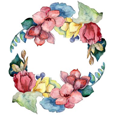 Buket çiçek botanik çiçekler. Suluboya arka plan illüstrasyon küme. Çerçeve kenarlığı süsleme Meydanı.