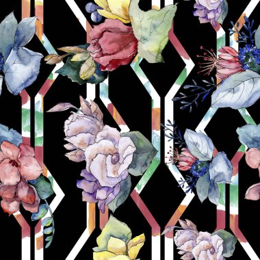 Buket çiçek botanik çiçekler. Suluboya arka plan illüstrasyon küme. Sorunsuz arka plan deseni.