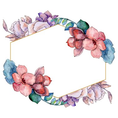 Buket çiçek botanik çiçekler. Suluboya arka plan illüstrasyon küme. Çerçeve kenarlığı süsleme Meydanı.