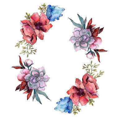 Buket çiçek botanik çiçekler. Suluboya arka plan illüstrasyon küme. Çerçeve kenarlığı süsleme Meydanı.