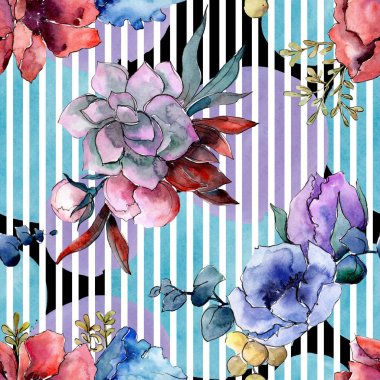 Buket çiçek botanik çiçekler. Suluboya arka plan illüstrasyon küme. Sorunsuz arka plan deseni.