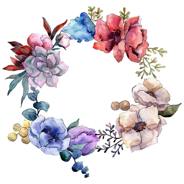 Ramo de flores botánicas florales. Conjunto de ilustración de fondo acuarela. Marco borde ornamento cuadrado . — Foto de Stock