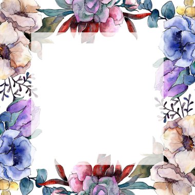 Buket çiçek botanik çiçekler. Suluboya arka plan illüstrasyon küme. Çerçeve kenarlığı süsleme Meydanı.