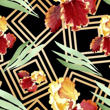 Kırmızı Bold karşılaşma iris çiçek botanik çiçekler. Suluboya arka plan illüstrasyon seti. Kesintisiz arka plan deseni.