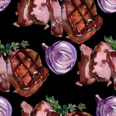 Izgara biftek lezzetli yemek. Suluboya arka plan illüstrasyon seti. Kesintisiz arka plan deseni.