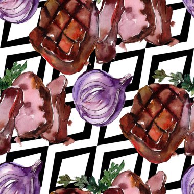 Izgara biftek lezzetli yemek. Suluboya arka plan illüstrasyon seti. Kesintisiz arka plan deseni.