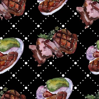 Izgara biftek lezzetli yemek. Suluboya arka plan illüstrasyon seti. Kesintisiz arka plan deseni.