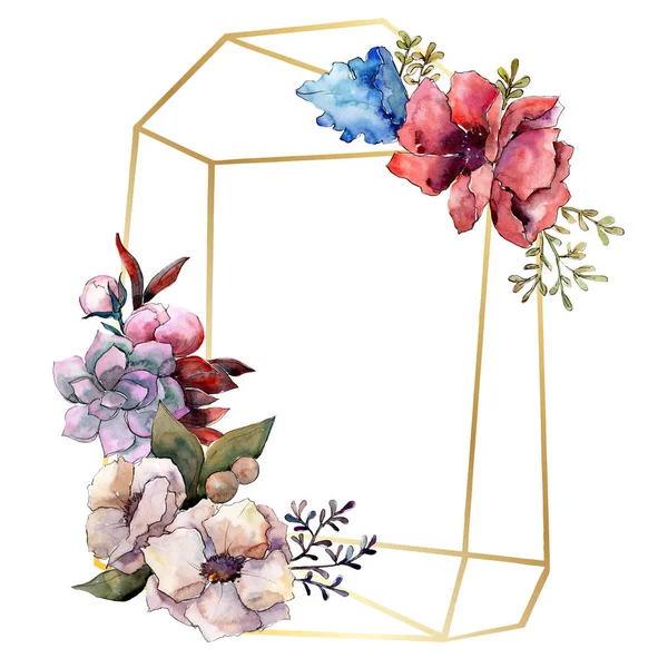 花束花植物の花。水彩画背景イラスト セット。フレーム枠飾りスクエア. — ストック写真