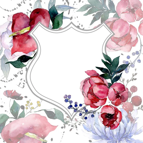 Ramo de flores botánicas florales. Conjunto de ilustración de fondo acuarela. Marco borde ornamento cuadrado . — Foto de Stock