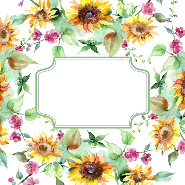 Zonnebloem boeket bloemen botanische bloemen. Aquarel achtergrond afbeelding instellen. Frame grens ornament vierkant. — Stockfoto