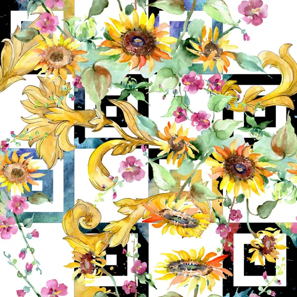 ひまわりの花束花植物の花。水彩画背景イラスト セット。シームレスな背景パターン. — ストック写真