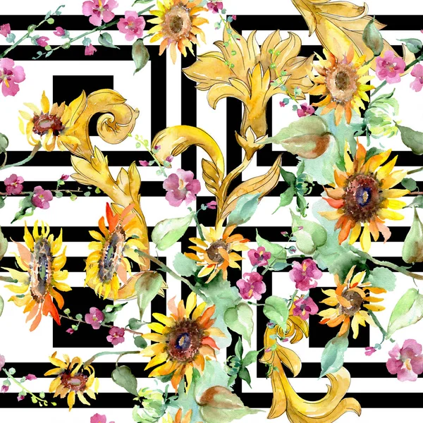 ひまわりの花束花植物の花。水彩画背景イラスト セット。シームレスな背景パターン. — ストック写真
