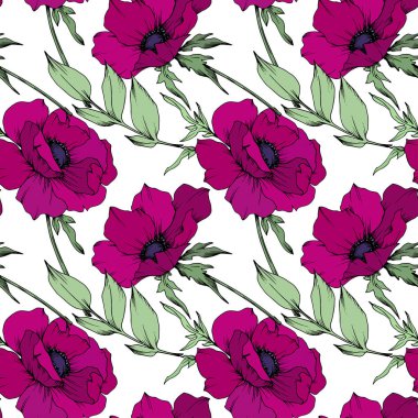 Anemon çiçek botanik çiçekleri. Siyah ve beyaz oyulmuş mürekkep sanatı. Kesintisiz arka plan deseni.