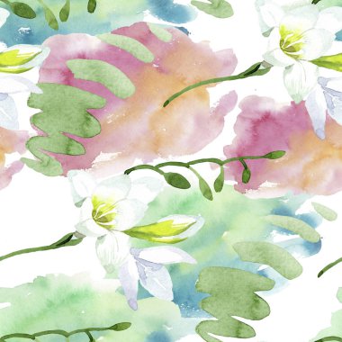 Beyaz frezya çiçekli botanik çiçekleri. Suluboya arkaplan çizimi. Kusursuz arkaplan deseni.