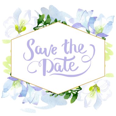 Beyaz frezya çiçekli botanik çiçekleri. Suluboya arkaplan çizimi. Çerçeve kenar süsü kare.