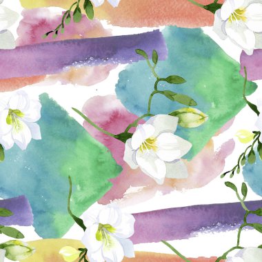Beyaz frezya çiçekli botanik çiçekleri. Suluboya arkaplan çizimi. Kusursuz arkaplan deseni.