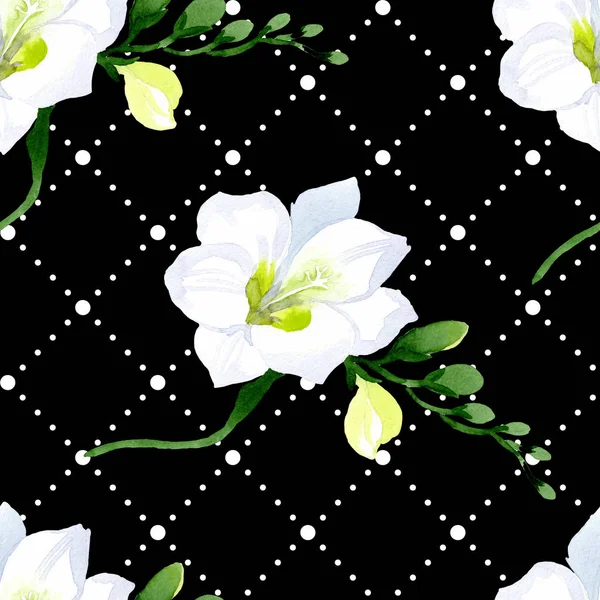 Witte freesia bloem botanische bloemen. Aquarel achtergrond illustratie set. Naadloze achtergrond patroon. — Stockfoto