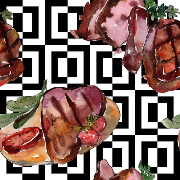 Izgara biftek lezzetli yemek. Suluboya arka plan illüstrasyon seti. Kesintisiz arka plan deseni.