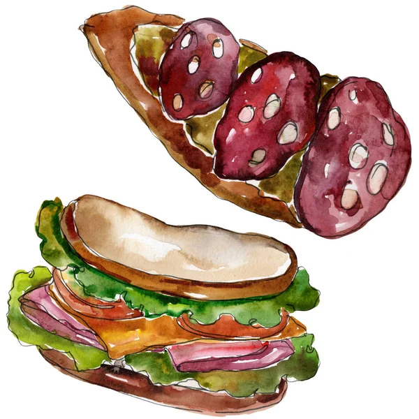 Sanduíche em um estilo aquarela isolado. Watercolor fast food ilustração elemento sobre fundo branco . — Fotografia de Stock