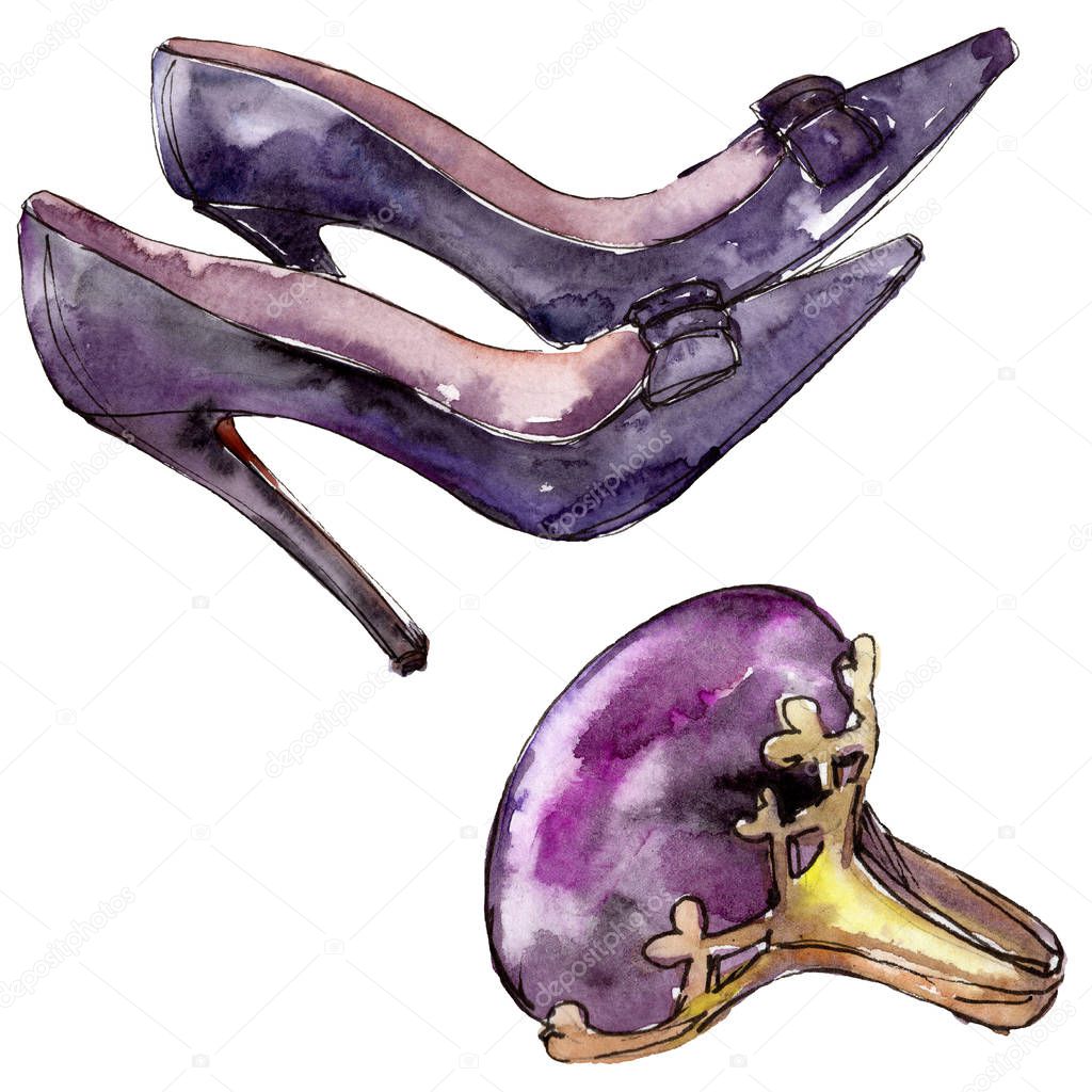 Shoes and ring sketch glamour illustration in a watercolor style isolated element. Watercolour background set.